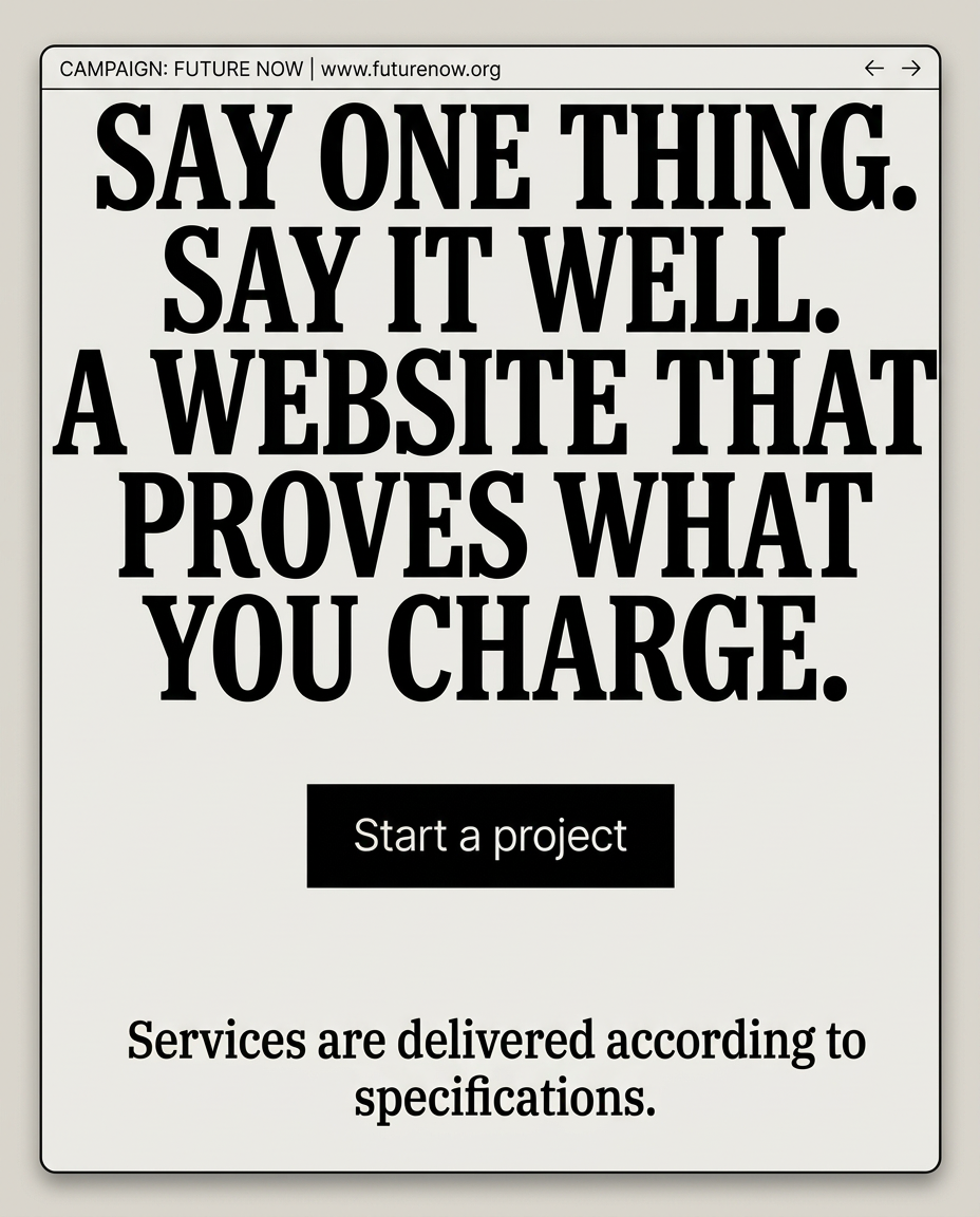 Bold clean screenshot of a one-page campaign site with a dry plain-spoken headline and a Start a project button