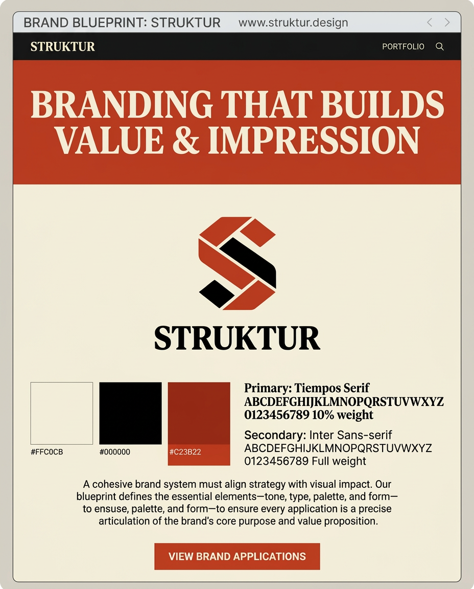 Bold clean screenshot of a brand blueprint one-pager with a positioning headline, brand mark, palette swatches and type specimen